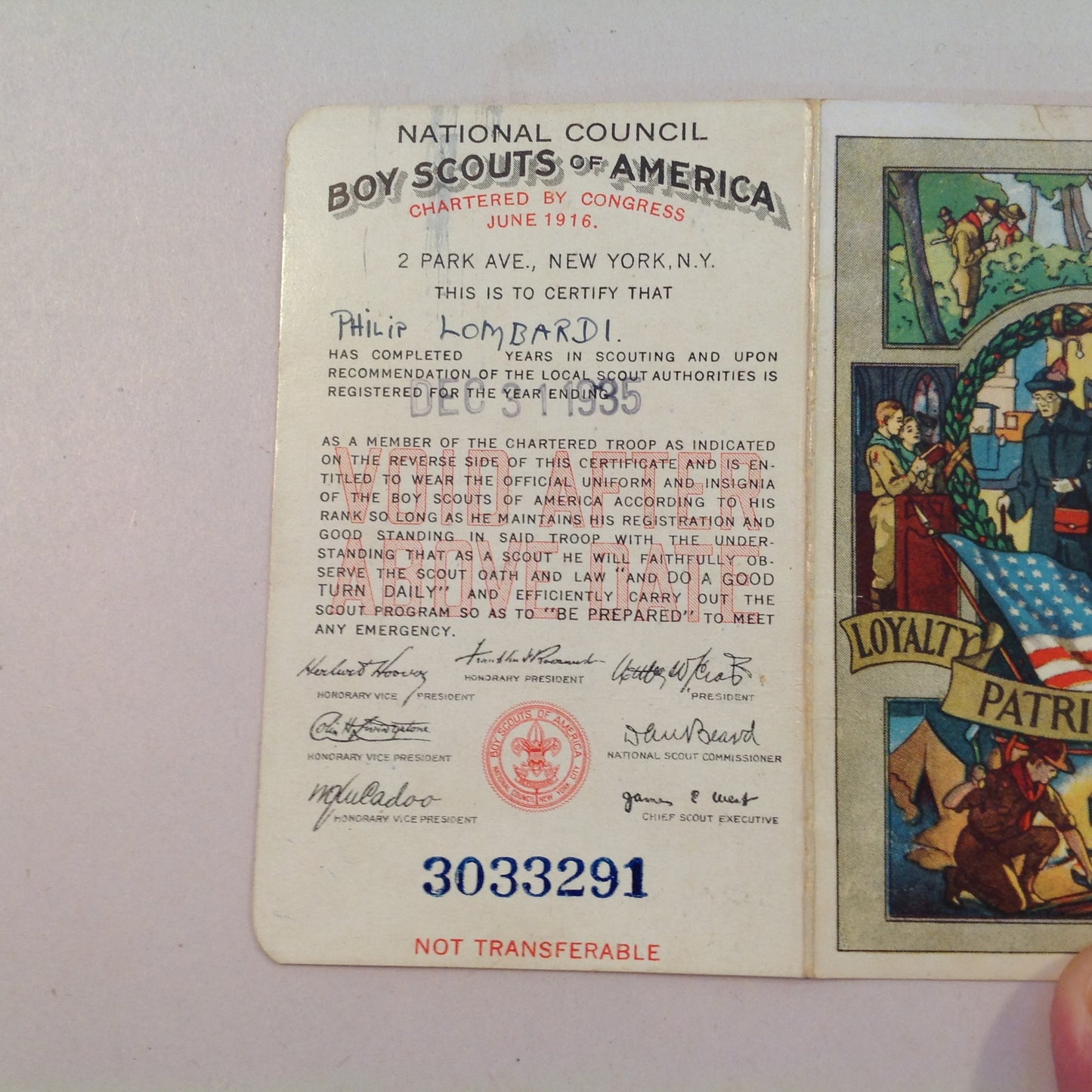 Vintage 1935 Boy Scouts of America BSA Membership Card with Sleeve Be Prepared Do A Good Turn Daily