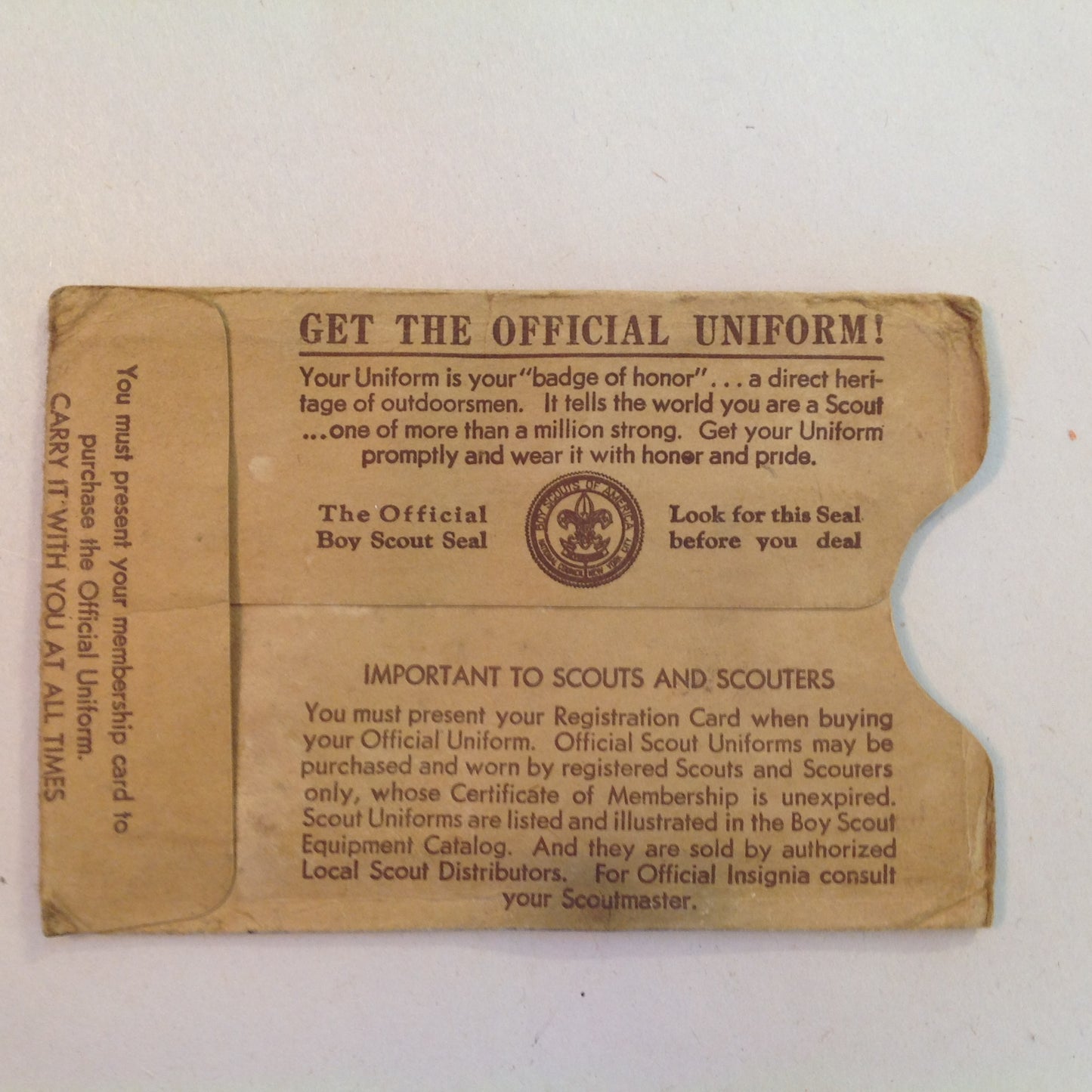 Vintage 1935 Boy Scouts of America BSA Membership Card with Sleeve Be Prepared Do A Good Turn Daily The Scouting Trail