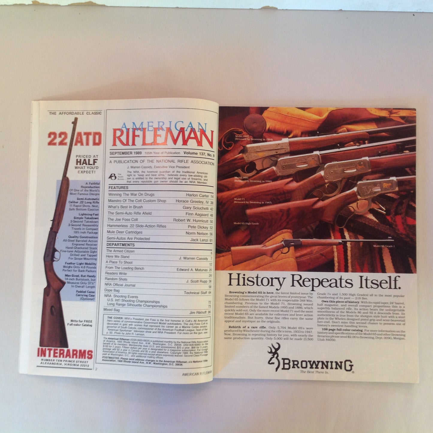 Vintage Sep 1989 American Rifleman Magazine Joe Foss Colt Tribute NRA Semi-Auto Afield