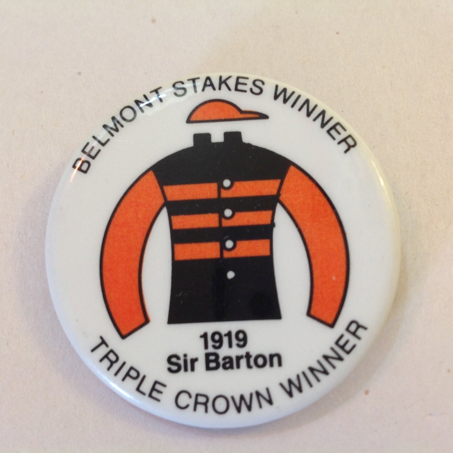 Vintage Souvenir Pinback Belmont Stakes Triple Crown Winner 1919 Sir Barton Jockey Gear