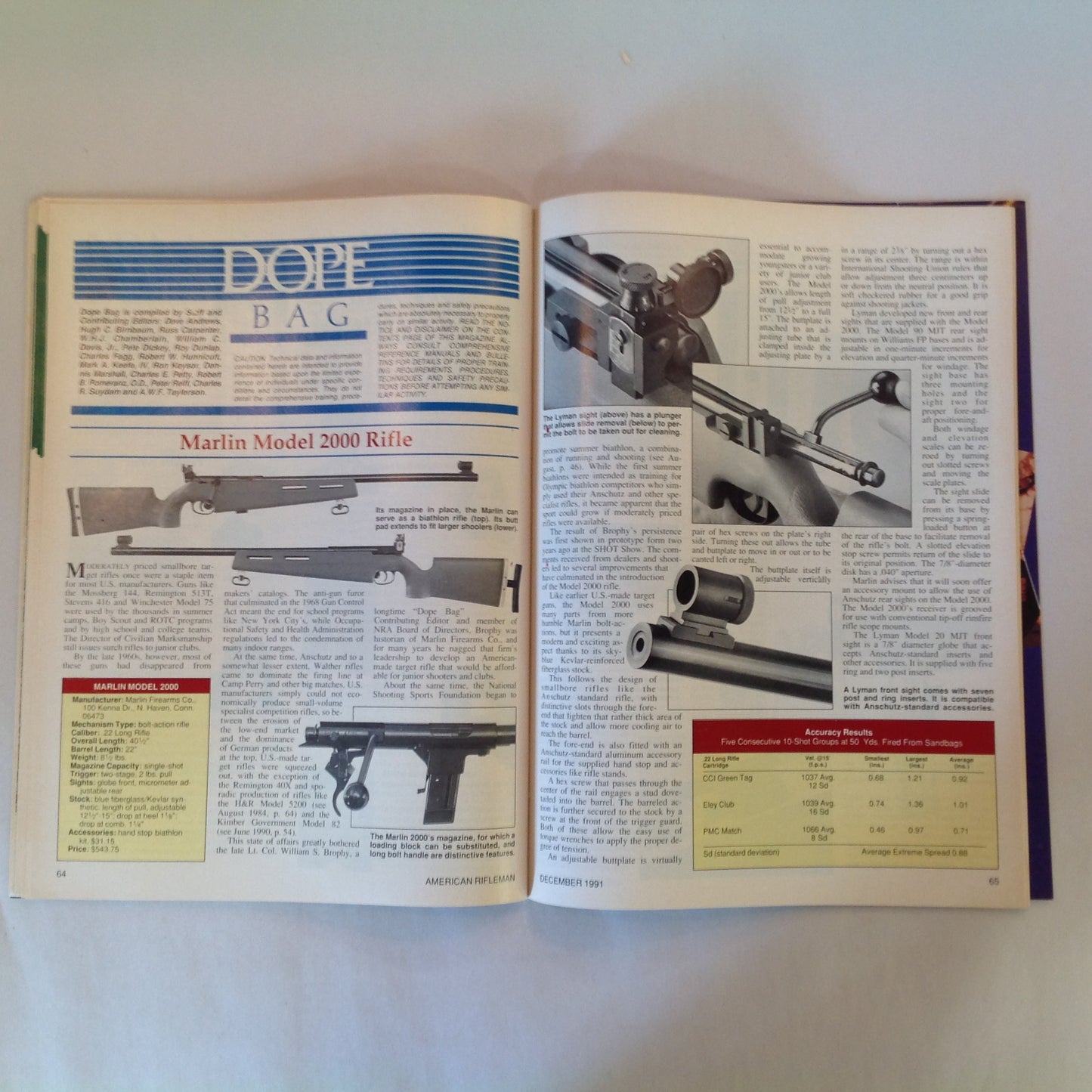 Vintage Dec 1991 American Rifleman Magazine Marlin Model 2000 Exclusive Report WWII Winchester Shotgun Tang Sight