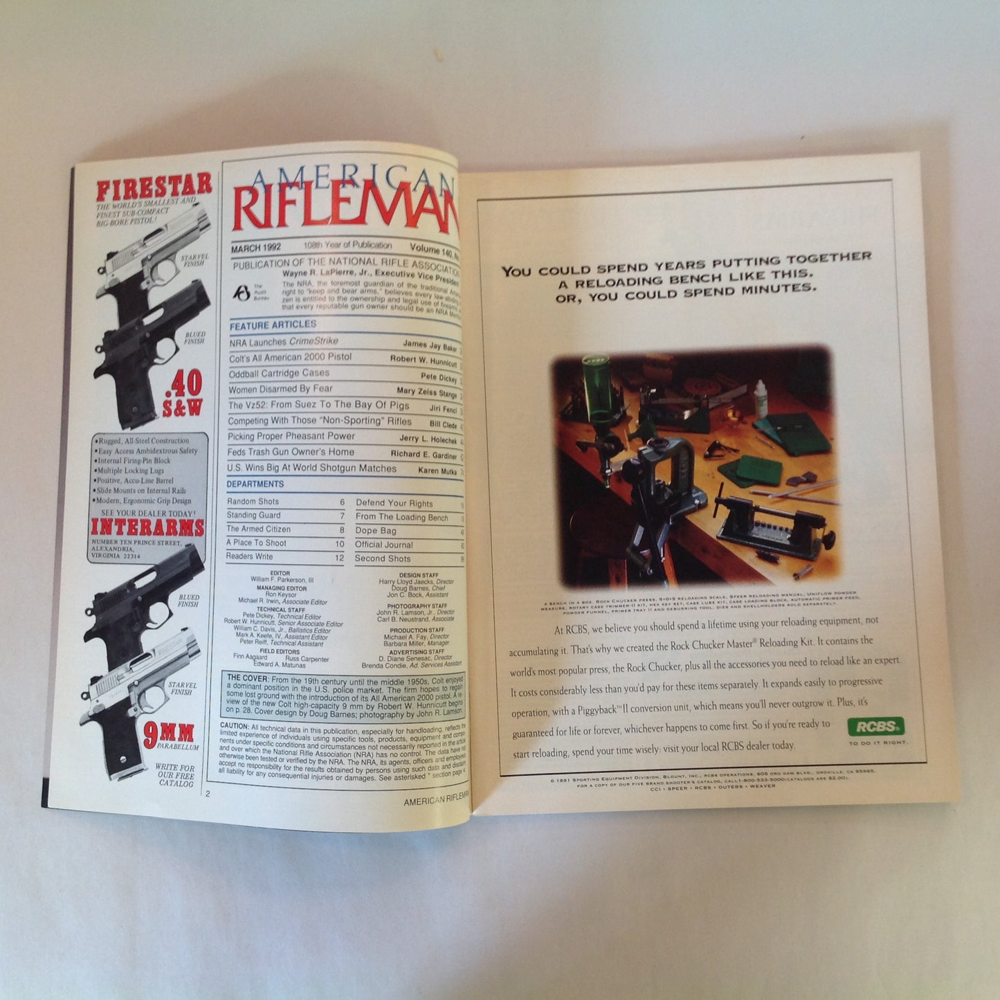 Vintage Mar 1992 American Rifleman Magazine All American Colt Model 2000 Women in America NRA Crimestrike
