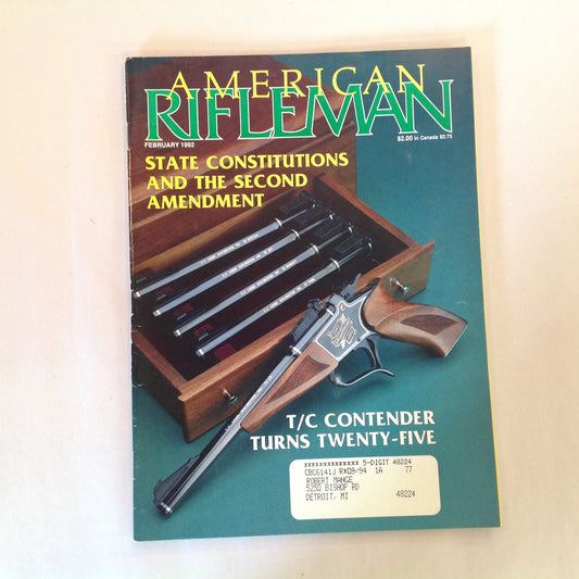 Vintage Feb 1992 American Rifleman Magazine State Constitutions and 2nd Amendment T/C Contender Turns 25