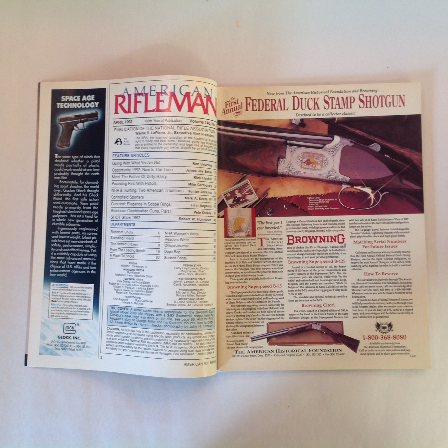 Vintage Apr 1992 American Rifleman Magazine NRA & Hunting SHOT Show '92 Review Carl Gustaf 2000 John Milius