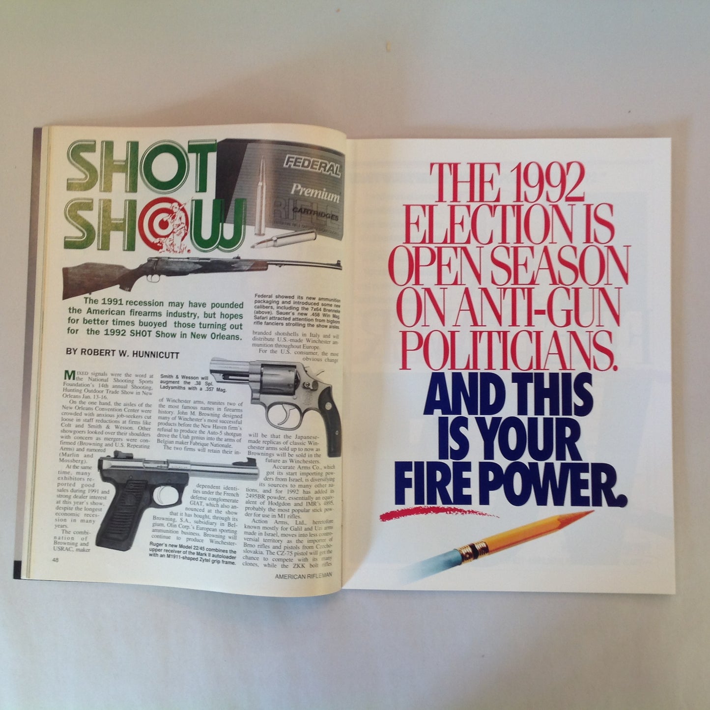 Vintage Apr 1992 American Rifleman Magazine NRA & Hunting SHOT Show '92 Review Carl Gustaf 2000 John Milius