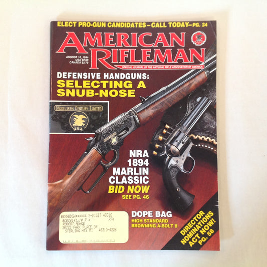 Vintage Aug 1994 American Rifleman Magazine Defensive Handguns NRA 1984 Marlin Classic Browning A-Bolt II