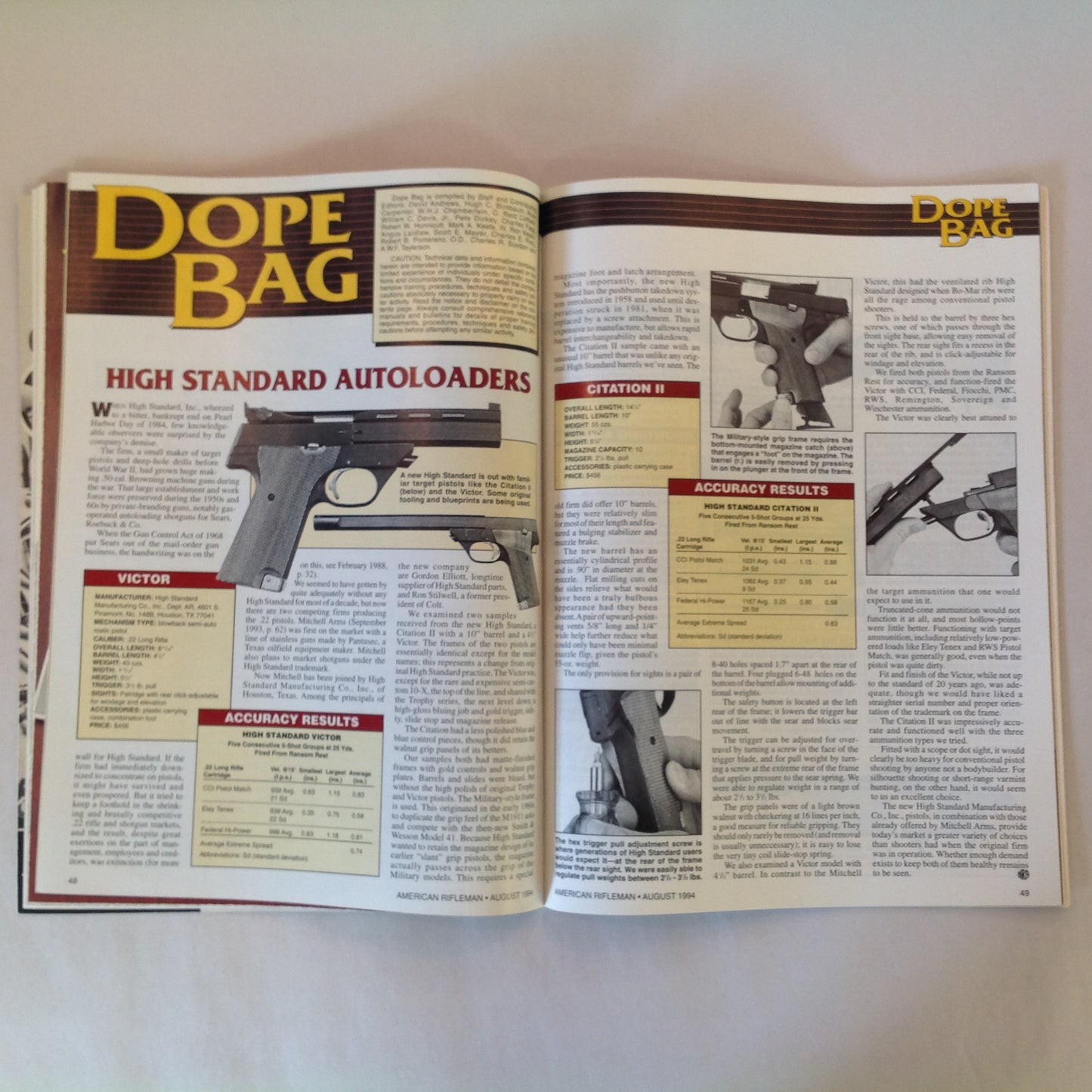 Vintage Aug 1994 American Rifleman Magazine Defensive Handguns NRA 1984 Marlin Classic Browning A-Bolt II