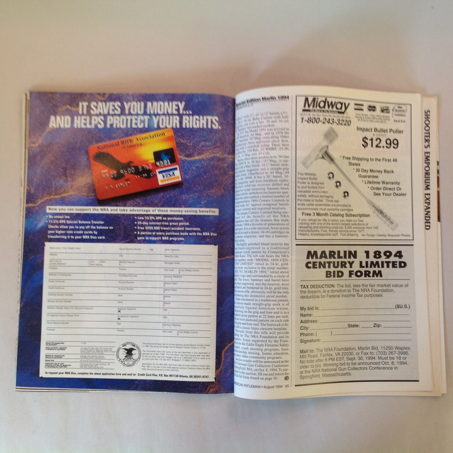 Vintage Aug 1994 American Rifleman Magazine Defensive Handguns NRA 1984 Marlin Classic Browning A-Bolt II