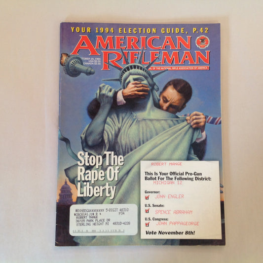 Vintage Oct 1994 American Rifleman Magazine Stop the Rape of Liberty NRA 1994 Election Guide