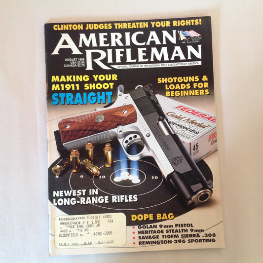 Vintage Aug 1996 American Rifleman Magazine Making Your M1911 Shoot Straight Shotguns & Loads for Beginners Newest Long-Range Rifles