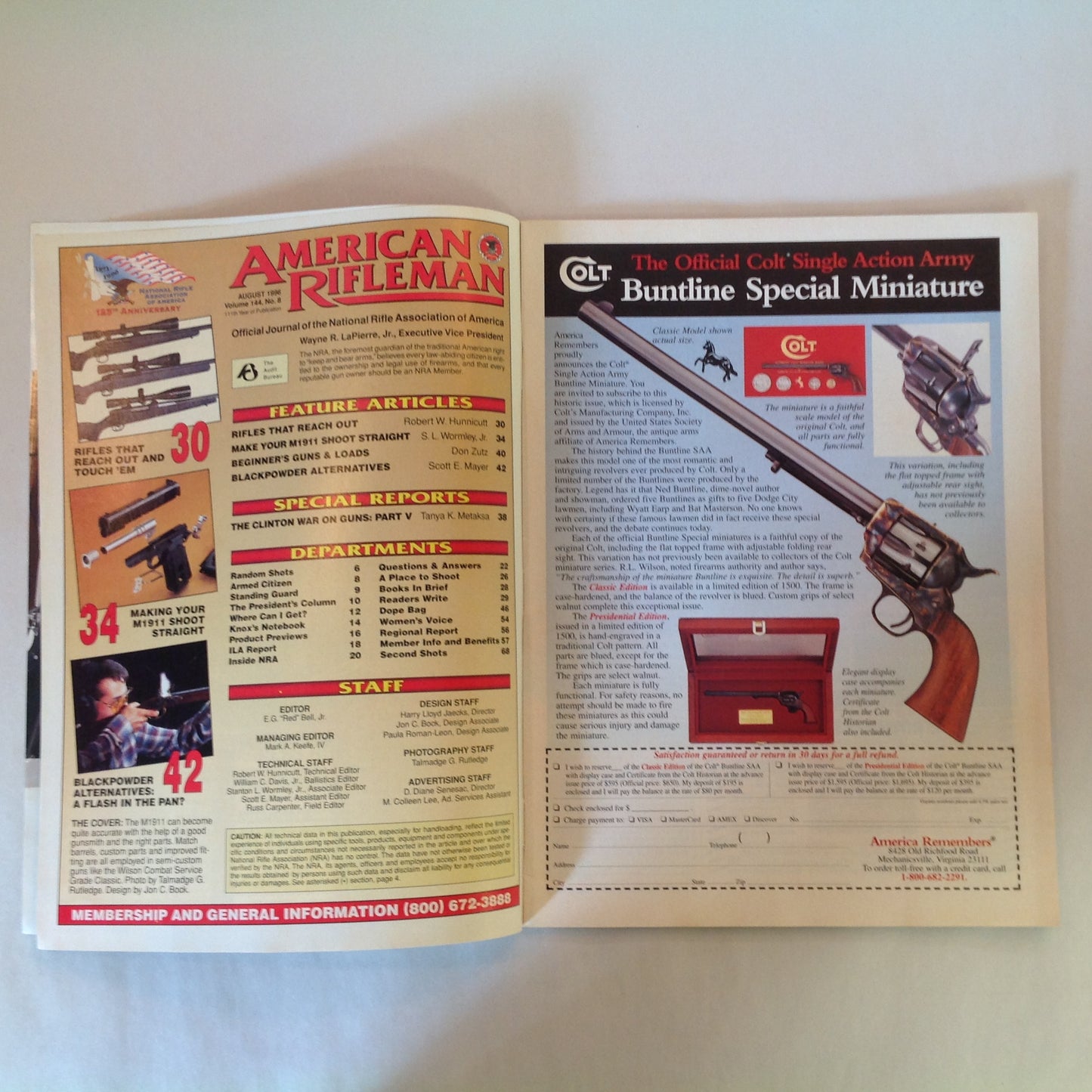 Vintage Aug 1996 American Rifleman Magazine Making Your M1911 Shoot Straight Shotguns & Loads for Beginners Newest Long-Range Rifles