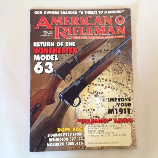 Vintage Apr 1998 American Rifleman Magazine Return of the Winchester Model 63 Unleaded Ammo Improve Your M1911