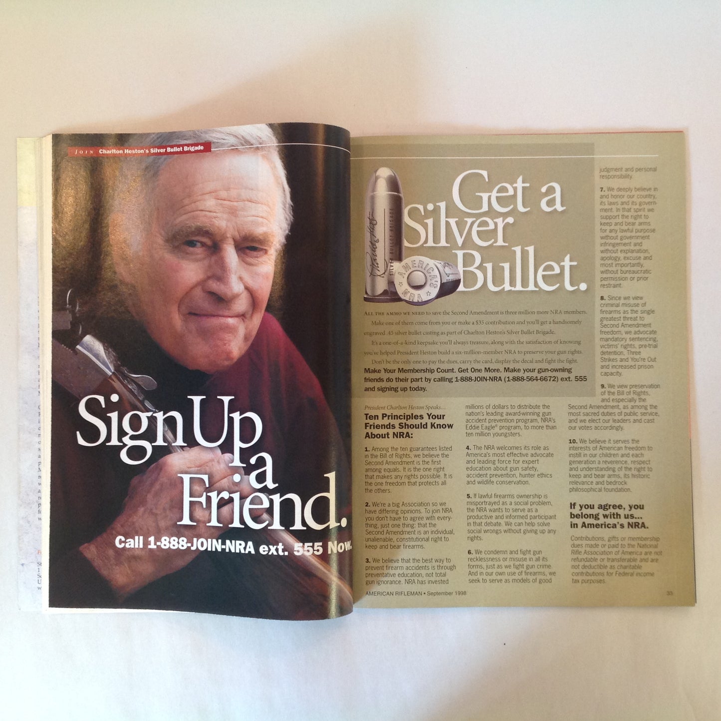 Vintage Sep 1998 American Rifleman Magazine Charlton Heston Silver Bullet Brigade America's NRA Make It Count
