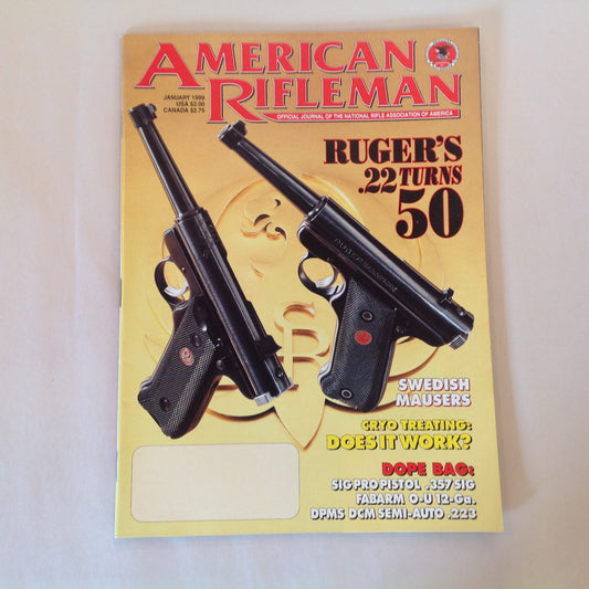 Vintage Jan 1999 American Rifleman Magazine Ruger .22 Turns 50 Swedish Mausers Cryo Treating