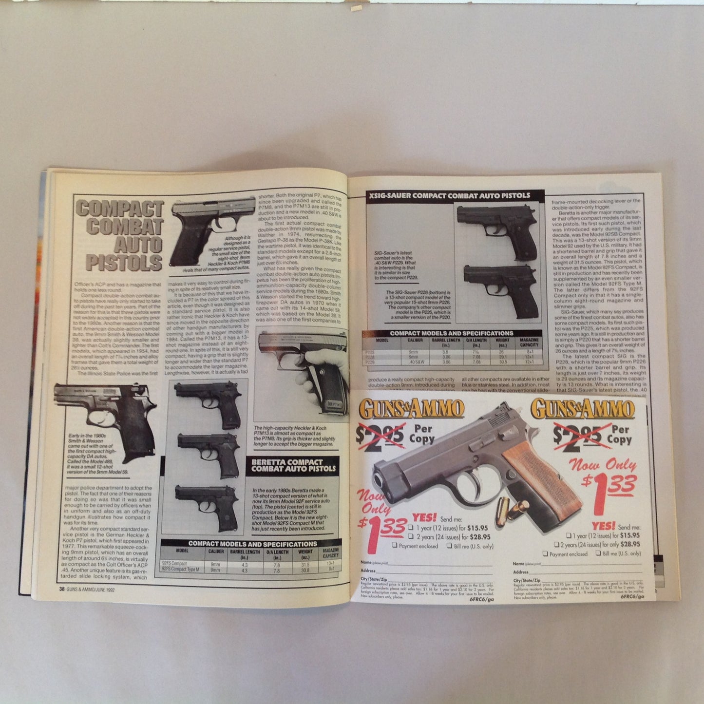 Vintage Jun 1992 Guns & Ammo Magazine Compact Auto Pistols Combat Handguns Sporting Clays Buyer's Guide