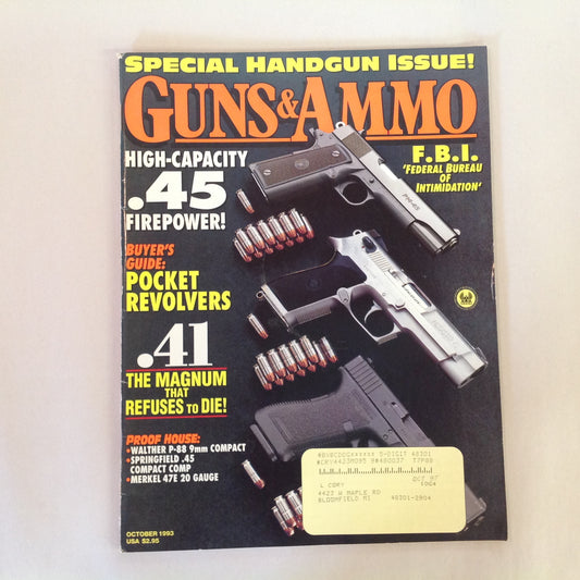 Vintage Oct 1993 Guns & Ammo Magazine High Capacity .45 Pocket Revolvers .41 Magnum