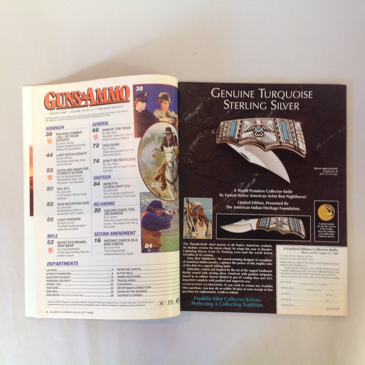 Vintage Aug 1998 Guns & Ammo Magazine 40th Anniversary Cowboy Shooting Buyer's Guide Combat .45's VOTE