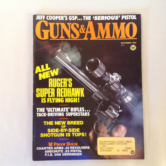 Vintage Nov 1987 Guns & Ammo Magazine All New Ruger Super Redhawk Ultimate Rifles Side By Side Shotguns