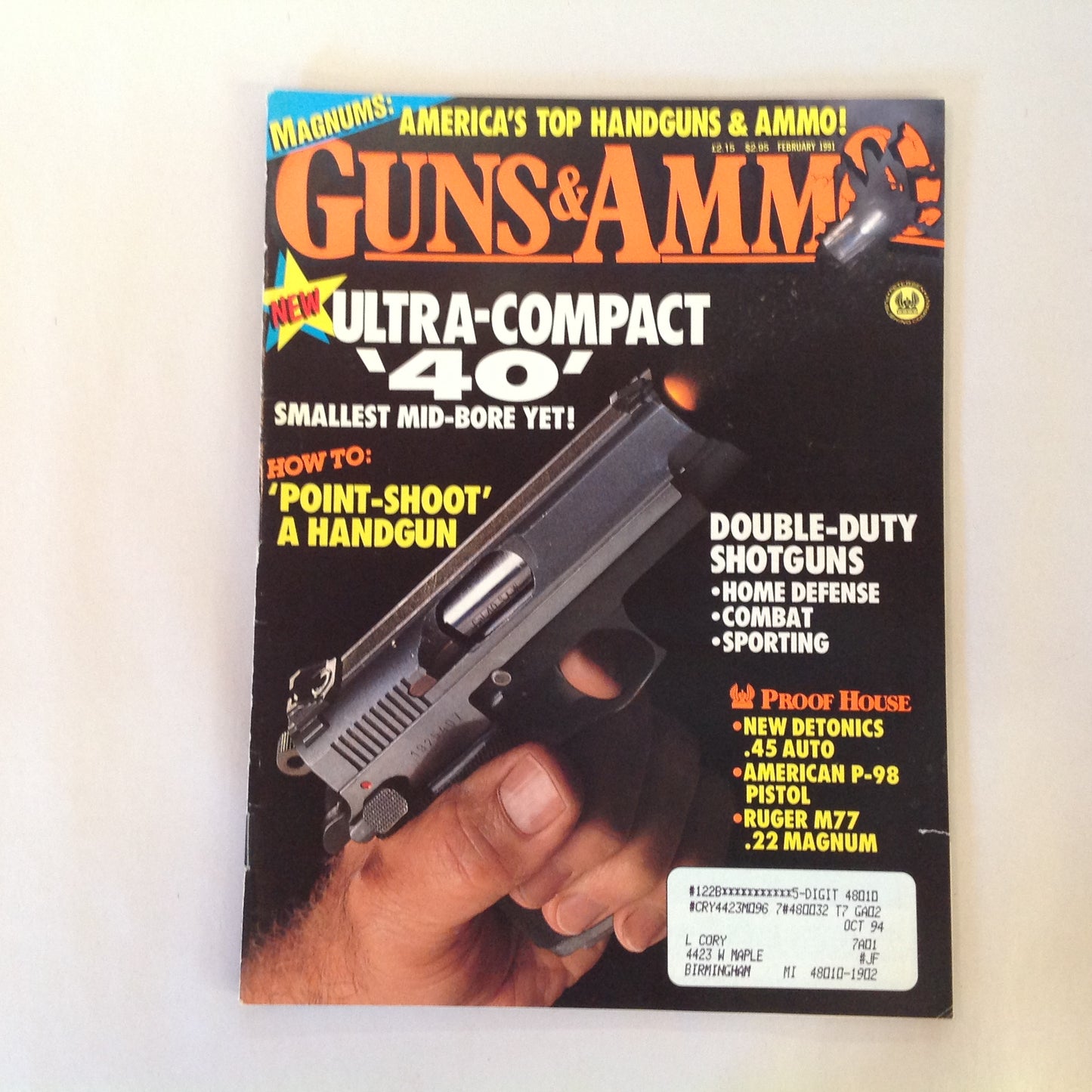 Vintage Feb 1991 Guns & Ammo Magazine Ultra-Compact 40 Point-Shoot A Handgun Double-Duty Shotguns