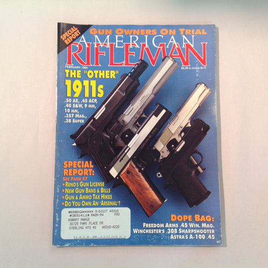 Vintage Feb 1994 American Rifleman Magazine The "Other" 1911s Special Report: Gun Owners On Trial