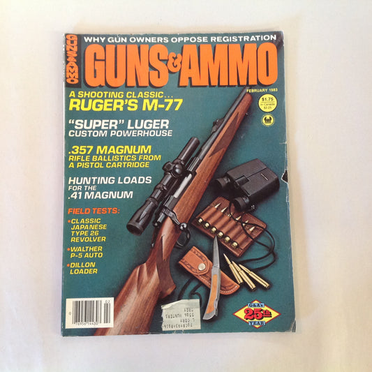 Vintage Feb 1983 Guns & Ammo Magazine Ruger M-77 Super Luger Hunting Loads Japanese Revolver