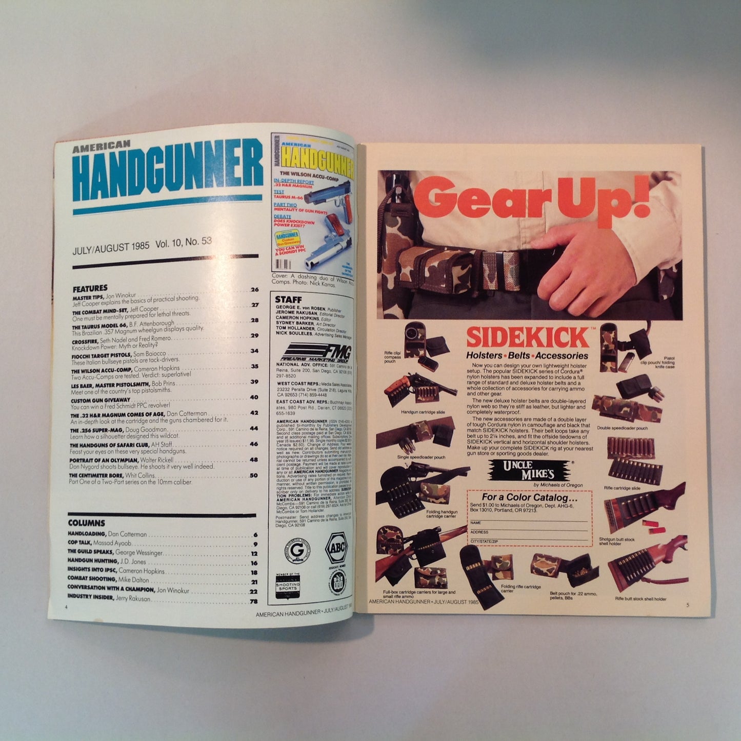 Vintage Jul/Aug 1985 American Handgunner Magazine The Wilson Accu-Comp .32 H&R Magnum Taurus M-66 Handguns of the Safari Club