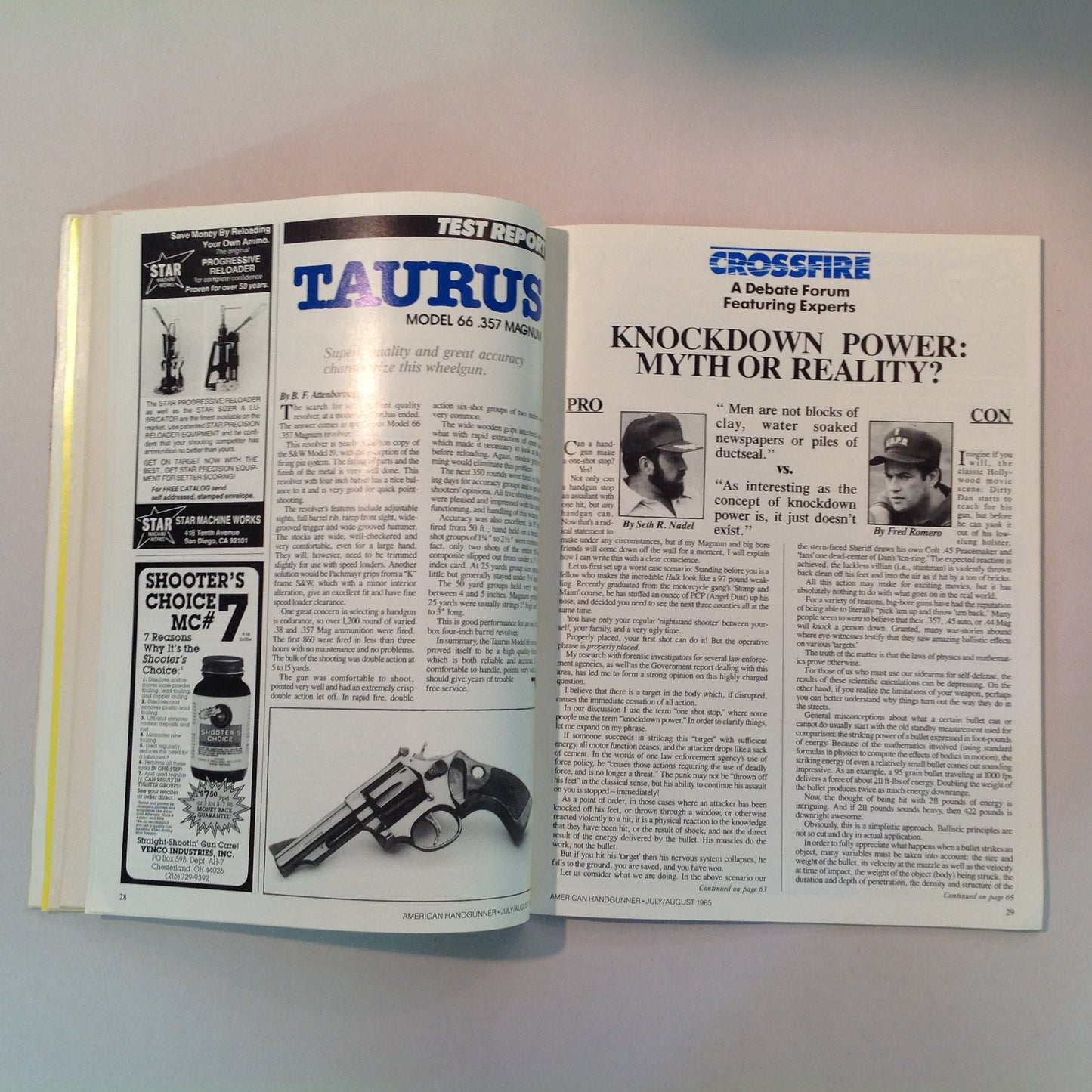 Vintage Jul/Aug 1985 American Handgunner Magazine The Wilson Accu-Comp .32 H&R Magnum Taurus M-66 Handguns of the Safari Club