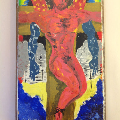 Vintage 1992 Folk Art Surruralism Gouache Painting on Wood "Icon" Retlaw