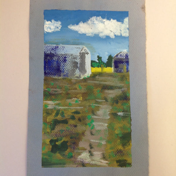 Vintage 1992 Folk Art Surruralism Gouache Painting on Paper "Loafing Shed No. 1" Retlaw