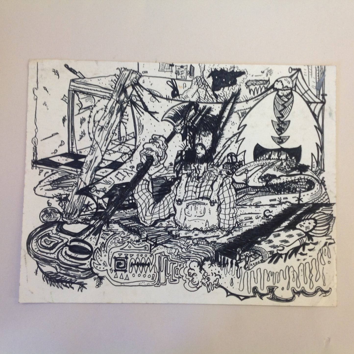 Vintage 1992 Folk Art Surruralism Ink Drawing on Paper "Midwest Kitchen Floor" Retlaw