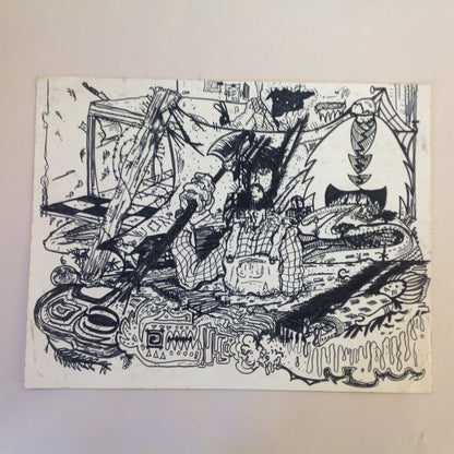 Vintage 1992 Folk Art Surruralism Ink Drawing on Paper "Midwest Kitchen Floor" Retlaw