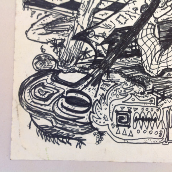 Vintage 1992 Folk Art Surruralism Ink Drawing on Paper "Midwest Kitchen Floor" Retlaw