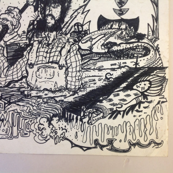 Vintage 1992 Folk Art Surruralism Ink Drawing on Paper "Midwest Kitchen Floor" Retlaw