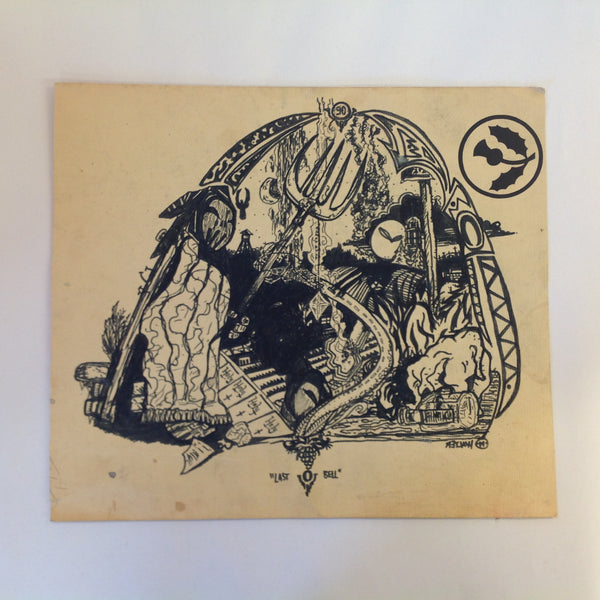 Vintage 1992 Folk Art Surruralism Ink Drawing on Paper "Last Bell" Retlaw