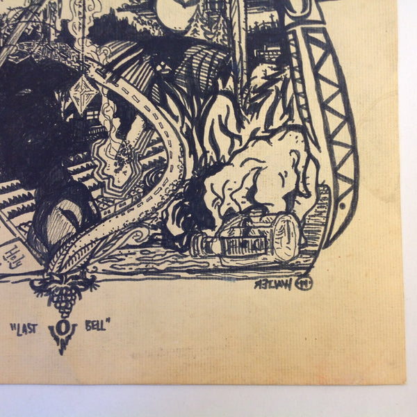 Vintage 1992 Folk Art Surruralism Ink Drawing on Paper "Last Bell" Retlaw