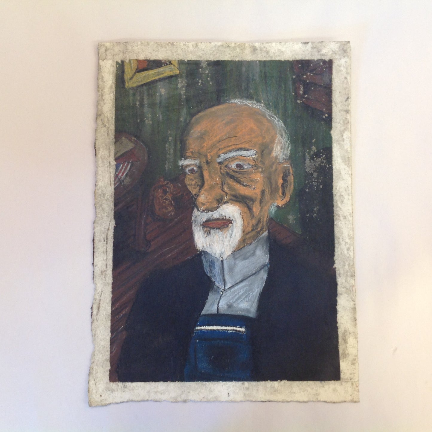 Vintage 1991 Folk Art Surruralism Pastel Drawing on Paper "Portrait of the Artist as an Old Man (in The Waiting Room)"" Retlaw