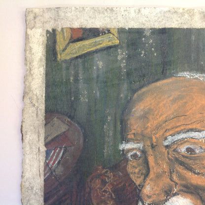 Vintage 1991 Folk Art Surruralism Pastel Drawing on Paper "Portrait of the Artist as an Old Man (in The Waiting Room)"" Retlaw