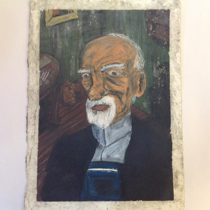 Vintage 1991 Folk Art Surruralism Pastel Drawing on Paper "Portrait of the Artist as an Old Man (in The Waiting Room)"" Retlaw