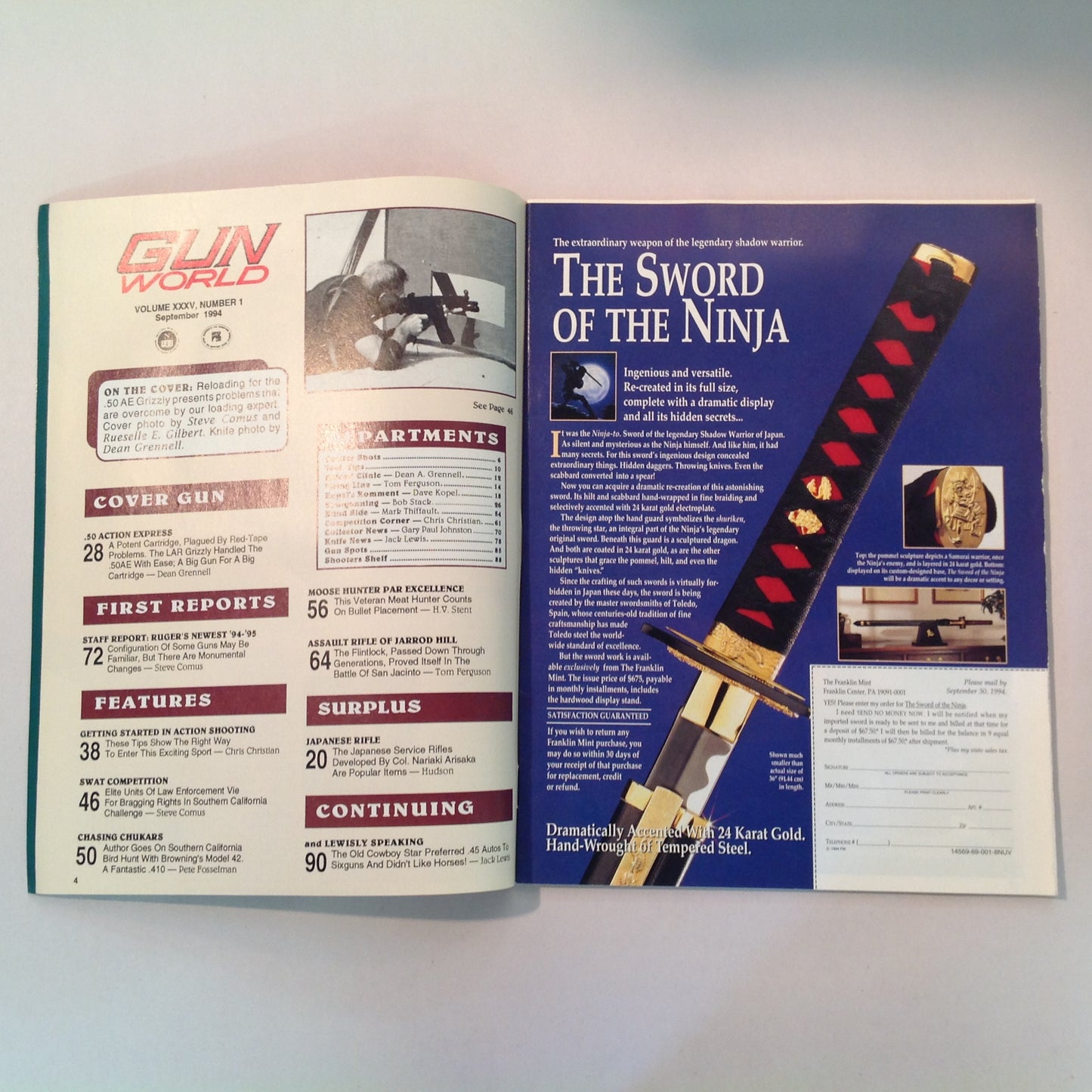 Vintage Sep 1994 Gun World Magazine New Rugers Browning's .410 Pump Japan's Arisaka .50 AE Grizzly Action Shooting Ken Hoy Custom Skinner