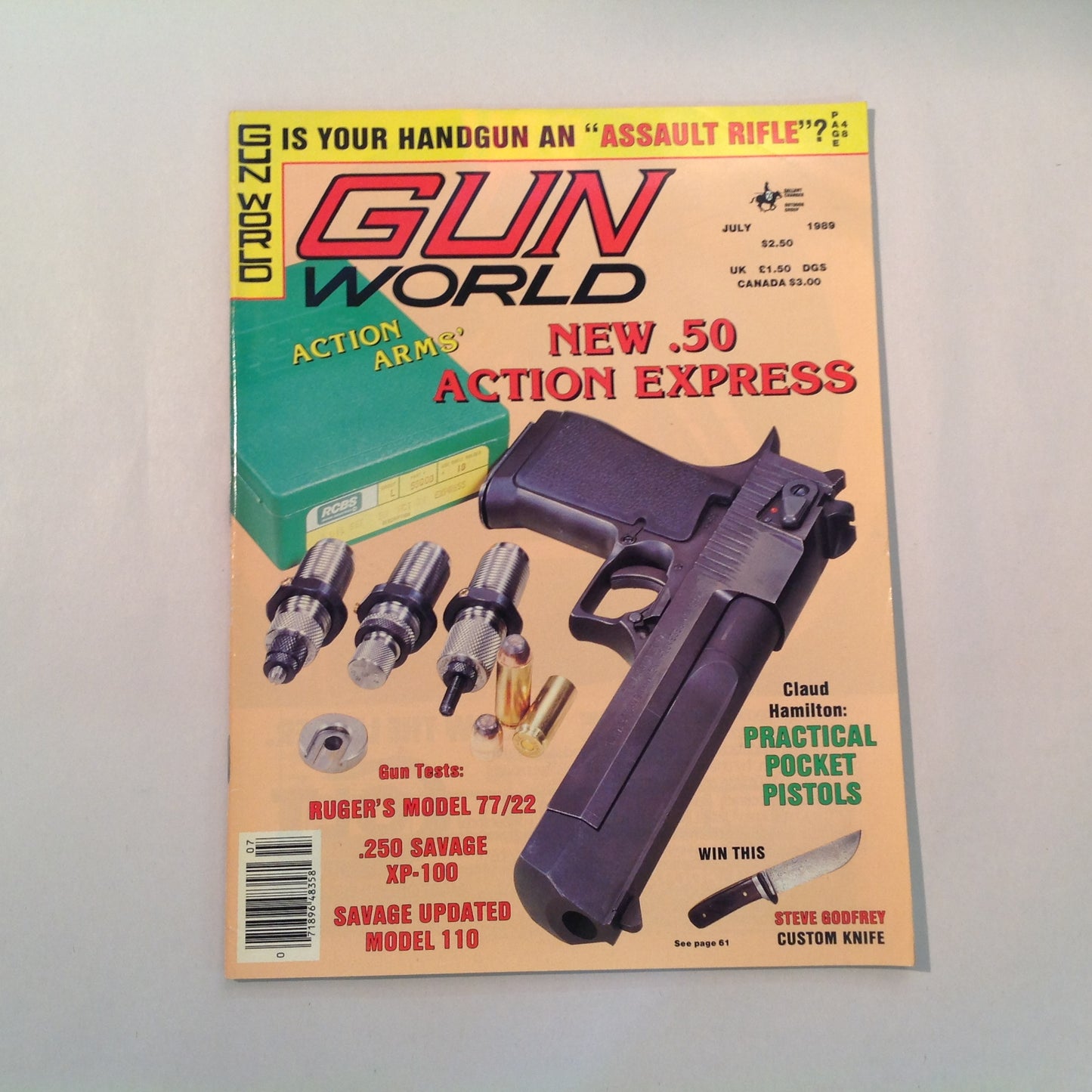 Vintage Jul 1989 Gun World Magazine .50 Action Express Ruger 77/22 .250 Savage XP-100 Practical Pocket Pistols