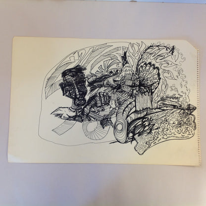 Vintage 1992 Folk Art Surruralism Ink Drawing on Paper "TyrnWyrm" Retlaw