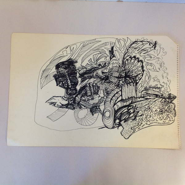 Vintage 1992 Folk Art Surruralism Ink Drawing on Paper "TyrnWyrm" Retlaw