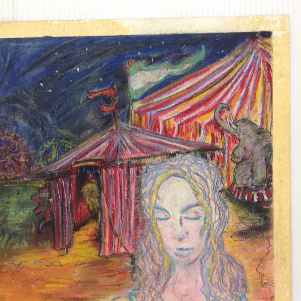 Vintage 1992 Folk Art Surruralism Pastel Drawing on Paper "Ghost of a Circus" Retlaw