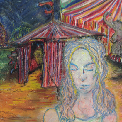 Vintage 1992 Folk Art Surruralism Pastel Drawing on Paper "Ghost of a Circus" Retlaw