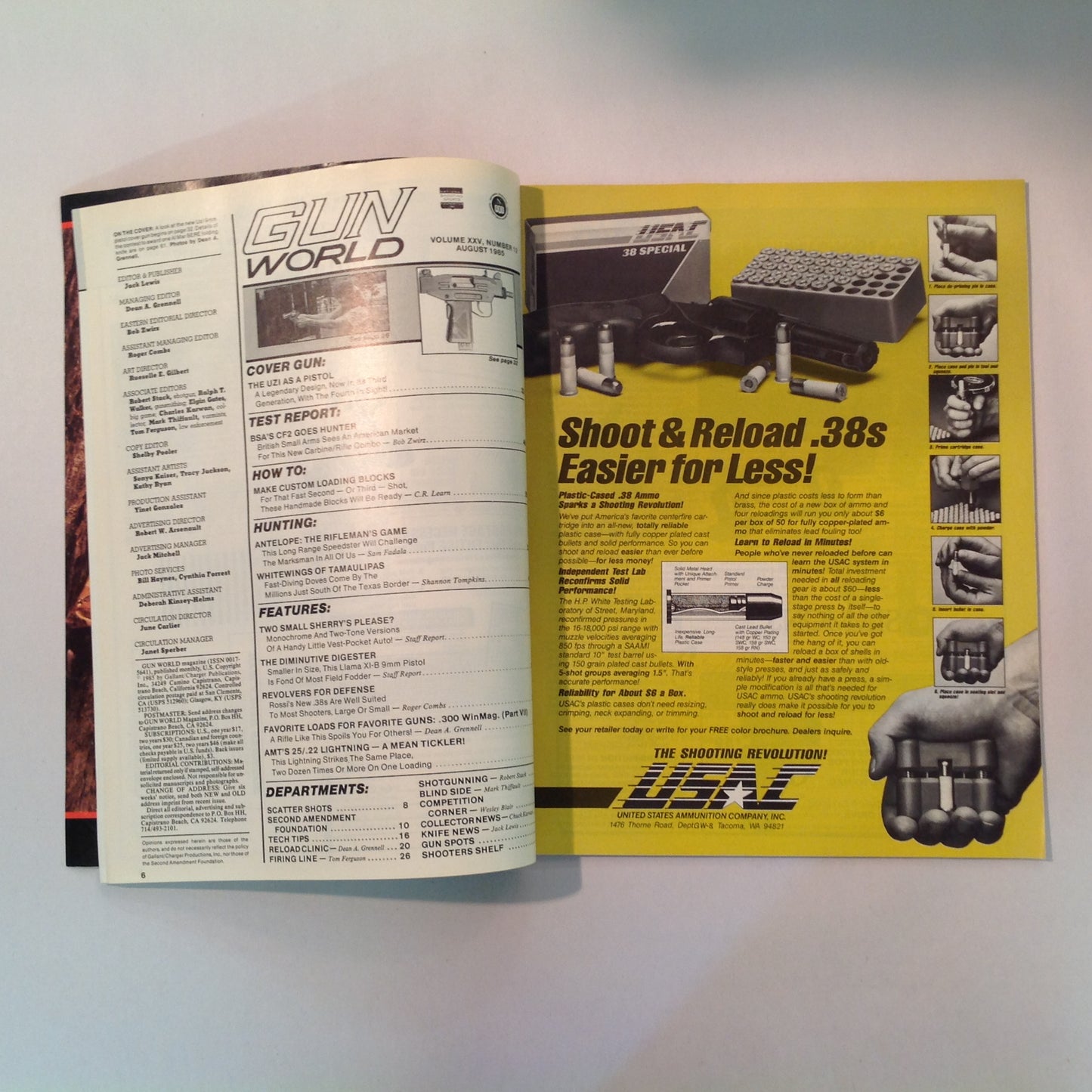 Vintage Aug 1985 Gun World Magazine BSA's CF2 .270 Rossi's .38 Revolvers Uzi 9mm Pistol Mexico Dove Shooters