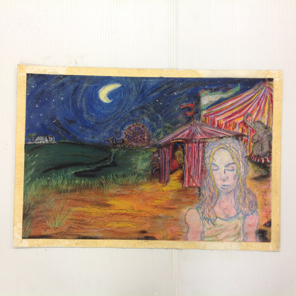 Vintage 1992 Folk Art Surruralism Pastel Drawing on Paper "Ghost of a Circus" Retlaw