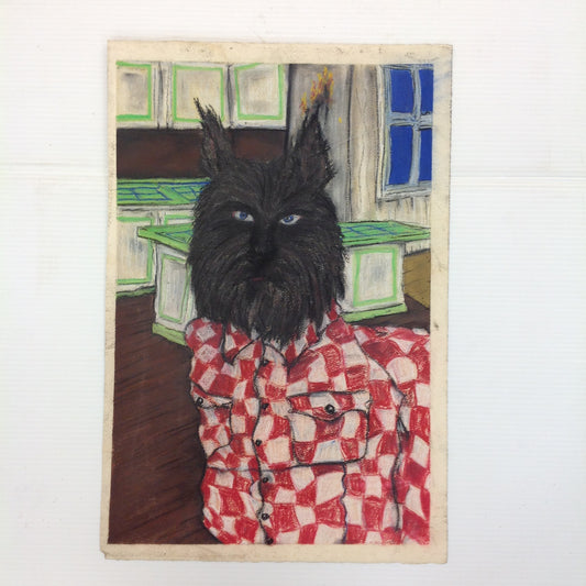 Vintage 1992 Folk Art Surruralism Pastel Drawing on Paper "Kitchenwolf" Retlaw