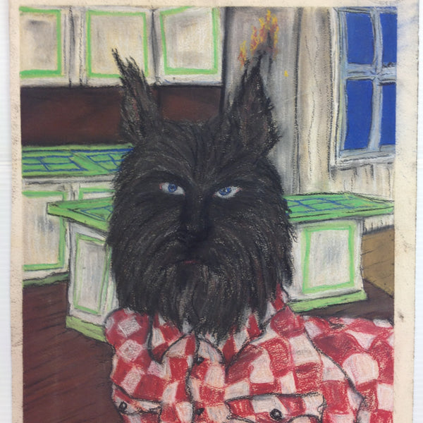 Vintage 1992 Folk Art Surruralism Pastel Drawing on Paper "Kitchenwolf" Retlaw