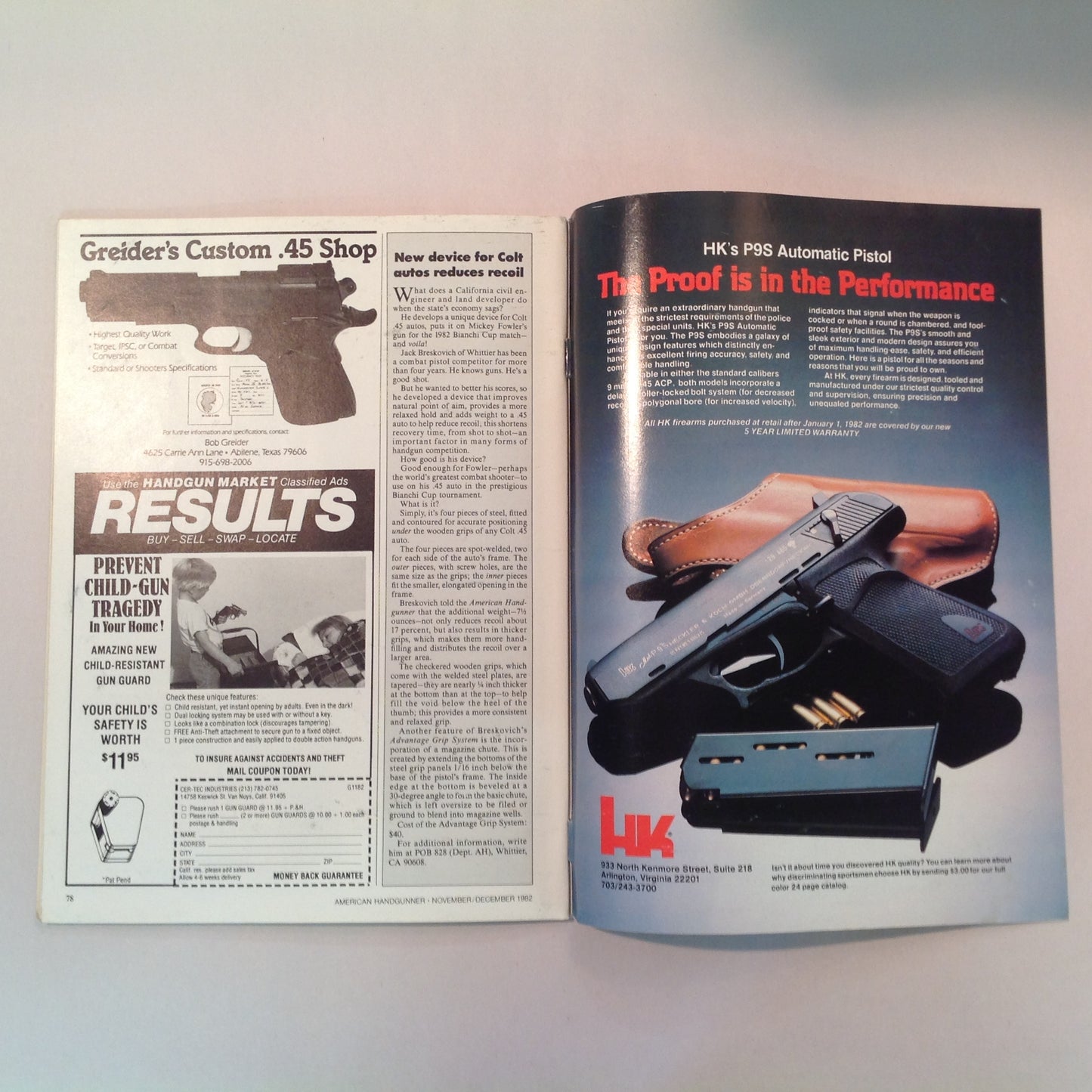 Vintage Nov/Dec 1982 American Handgunner Magazine CCI Blazer Ammo T/C Contender Sojolovsky .45 Fowler Wins Bianchi Cup Again
