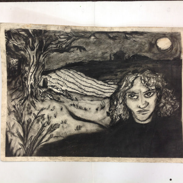 Vintage 1992 Folk Art Surruralism Charcoal Drawing on Paper "Yr. Grave" Retlaw